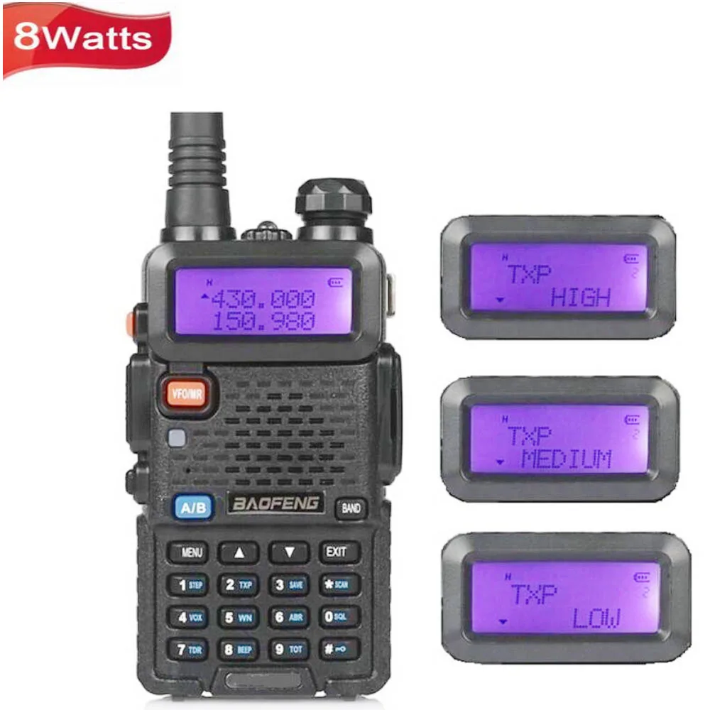 BaoFeng Tri-Мощность UV-5R 8 Вт портативный, двухполосный VHF UHF приемно-передающая радиоустановка 136-174/400-520 uv5r иди и болтай Walkie Talkie “иди и