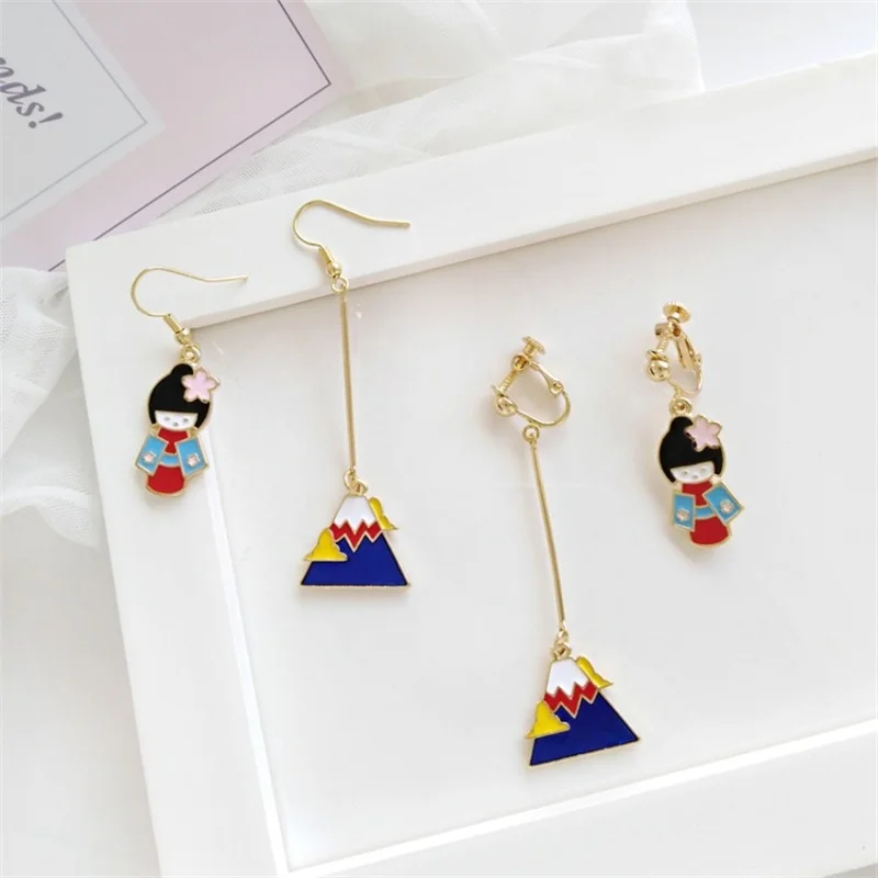 3*2018 Japanese Harajuku Creative Asymmetric Drop Earrings Mt. Fuji Kimono Snow Mountain Anime Cartoon Character Enamel | Украшения и