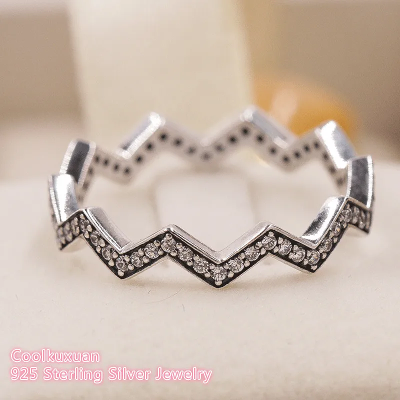 

2018 Autumn 100% 925 Sterling Silver Shimmering Zigzag Ring, Clear CZ For Women Wedding Gift Original Jewelry Accessories