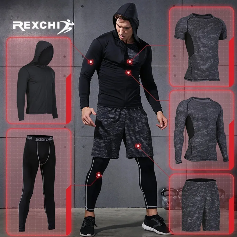 

REXCHI 5 Pcs/Set Men's Tracksuit Sports Suit Gym Fitness Compression Clothes Running Jogging Sport Wear Exercise Workout Tights