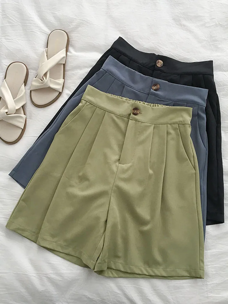 

Summer Women High Waist Button Chiffon Shorts Casual Loose Fit Wide Leg Shorts Female Solid Color Soft Bottoms