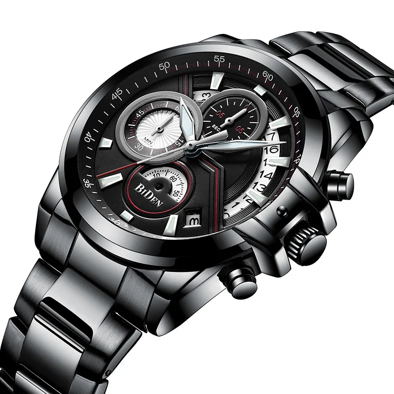 Мужские часы бренда BIDEN, мужские деловые наручные часы из нержавеющей стали, кварцевые мужские часы, водонепроницаемые часы с календарем