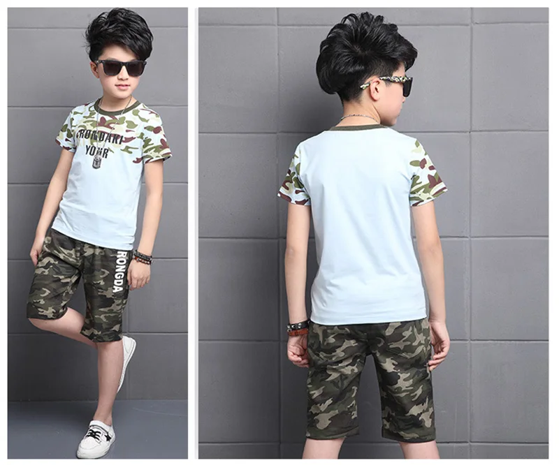 2019 summer boys teenage sport sets kids short sleeves T-Shirt + camouflage shorts suits boys clothes sets 3-10T (6)