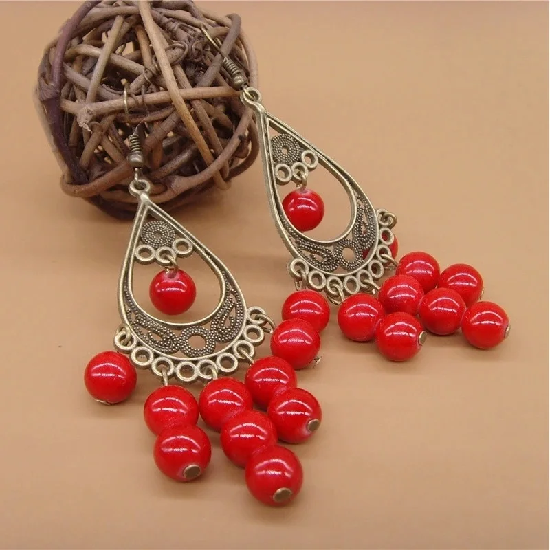 

2018 New Red Festive Feminine Earrings Classical American Ethnic Style Ethnic Red Stonedrops Droplet Earrings Bohemia