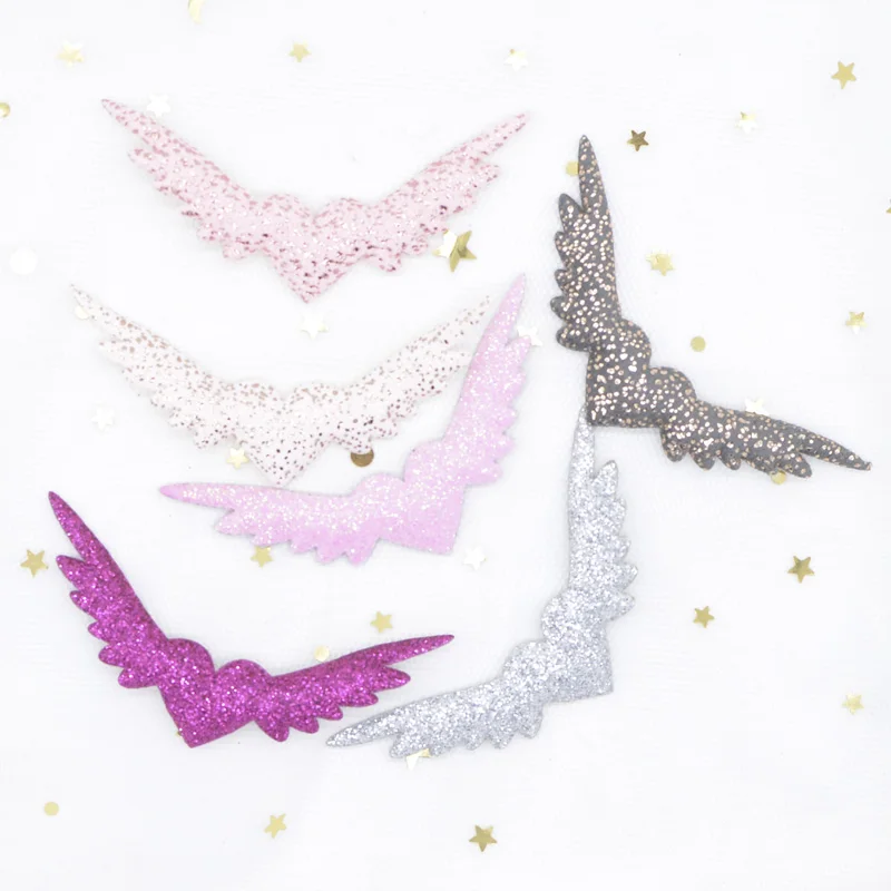 

Wholesale 120Pcs 71*32mm Heart Wing Appliques Colorful Glitter Fabric Cupid Wing for DIY Clothes Headwear Bow Decor Patches H47