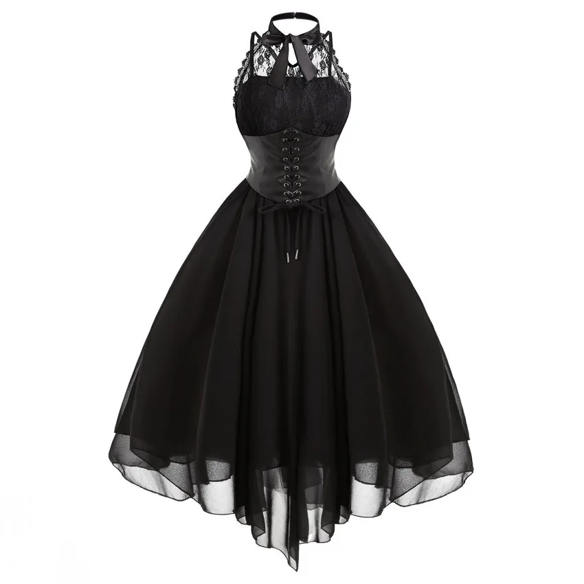 

2019 Gothic Bow Party Dress Women Vintage Black Sleeveless Cross Back Lace Panel Corset Swing Dress Robe Vestidos Femme