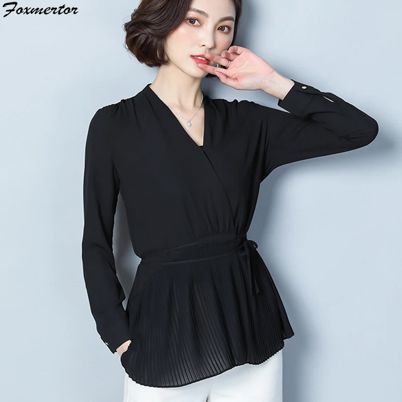 

Women Chiffon Blouse Shirts 2019 Women Spring Autumn Long Sleeve Fashion Elegant Black V-neck Shirt Office Blouses Female Blusas