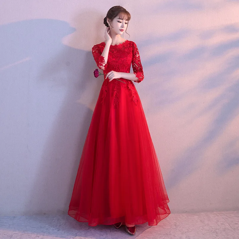 Современный Cheongsam летнее свадебное вечернее платье с длинными рукавами длинные Китайские Восточные платья Китайские вечерние платья - Цвет: Long red
