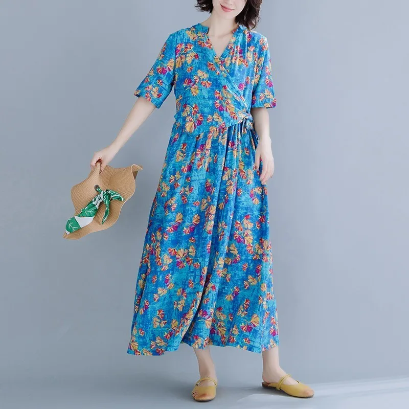 

Summer Dress 2019 Ladies Vintage Short Sleeve Dresses Woman Floral Print Women Cotton Linen Party Dress