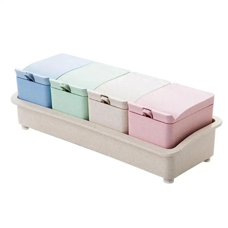 

4 Grid Plastic Seasoning Storage Box Wheat Straw Flip Drawer Type Spice Jar Condiment Box Kitchen Accessaries
