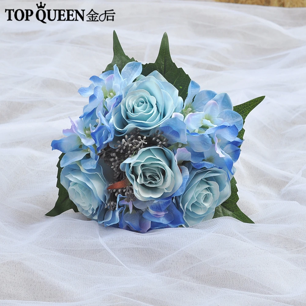 TOPQUEEN F16 Свадебный букет с цветами, искусственные цветы с голубой розой, свадебные букеты для романтических свадеб - Цвет: Синий