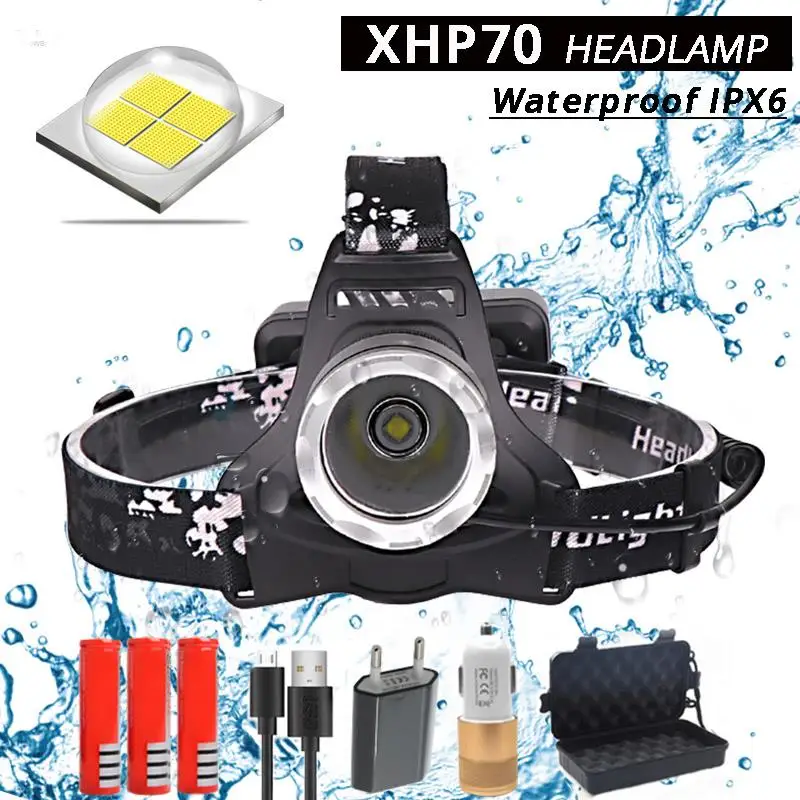 

40000LM XHP70 Led headlamp powerful Headlight head lamp usb charging Head Torch lantern 3*18650 battery Hunting Camping Lights