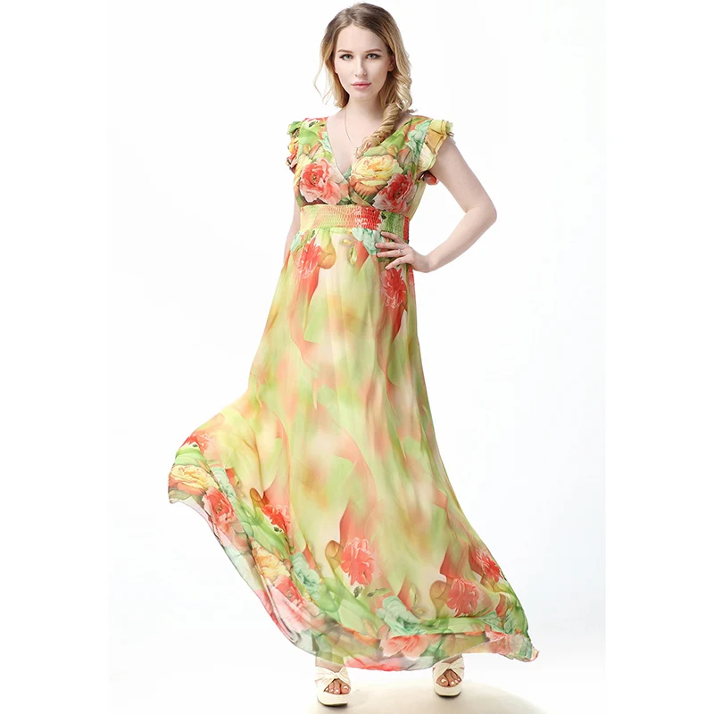 

Boho Women Summer Dress Chiffon V Neck Ruffled Sleeve Plus Size 7XL Casual Maxi Floral Dress vestidos largos de verano