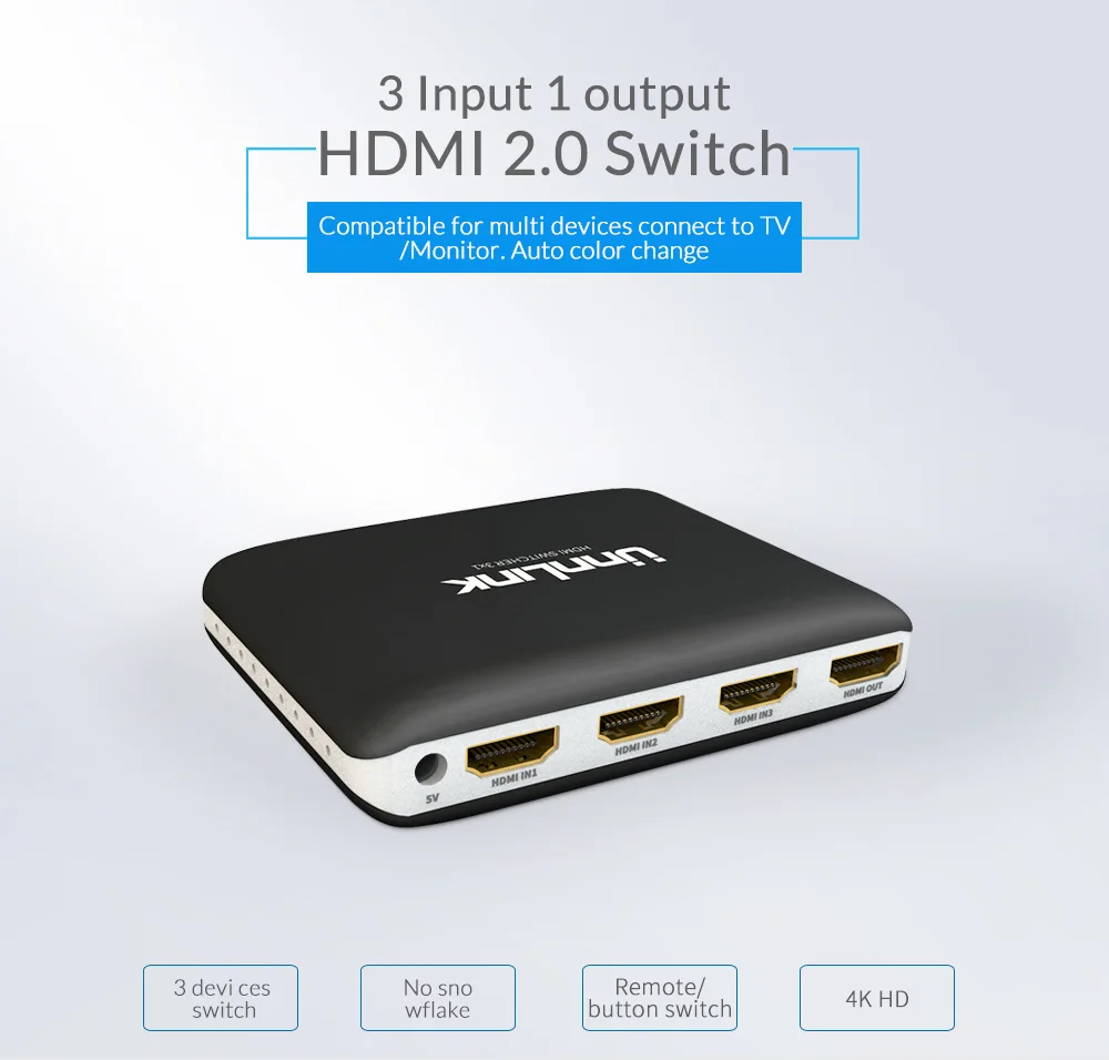 Unnlink HD mi Switch 3X1 HD mi 2,0 UHD4K@ 60Hz 10Bit HDR HDCP 2,2 3D 3 в 1 Out с ИК для Xbox one s X PS4Pro Smart Светодиодный tv mi box