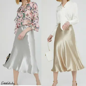 

Summer Sexy Fashion Women's Gold Silver Glossy Skirts Metallic Shiny PVC Wet Look High Waist Midi Skirt