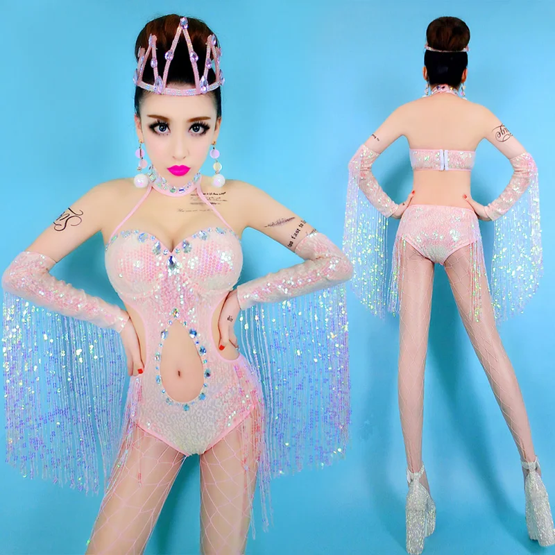 Best Seller New Sequin Leotard Stage Costumes for Singer Tassel Crystal Bodysuit Sexy Jazz