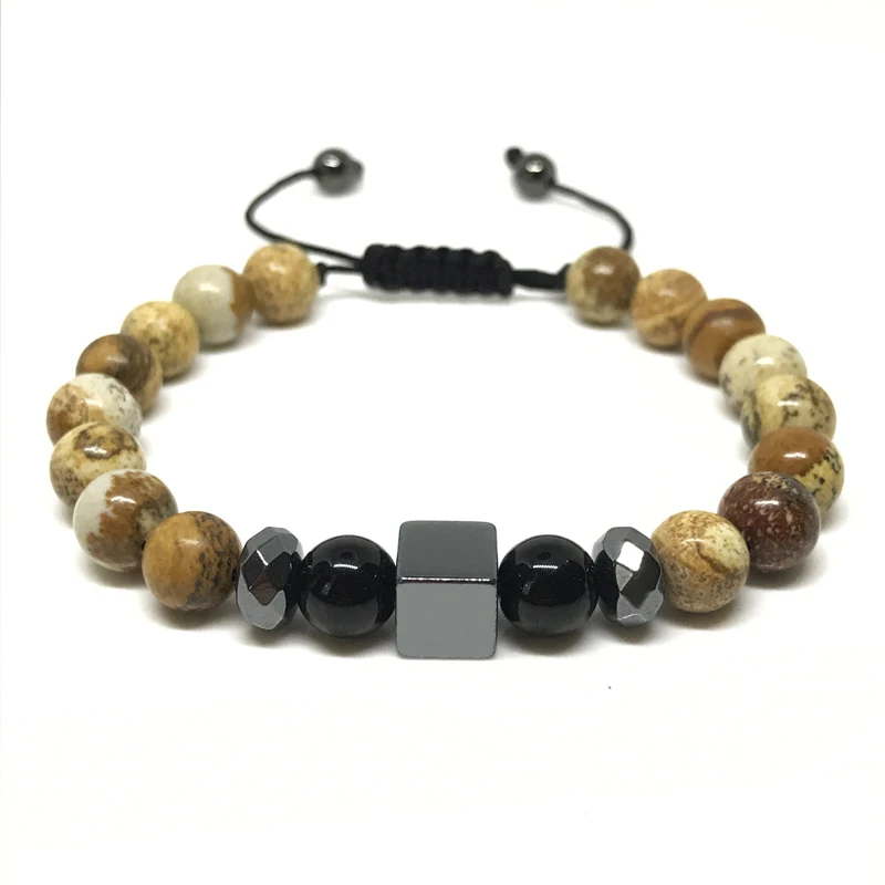 

New Trendy Bracelet Men Natural Picture Beads, Onyx ,Square Hematite Stone Macrame Bracelet For Men Jewelry Gift