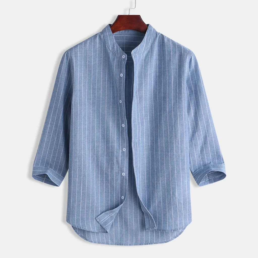 

Womail New Summer Men's Casual Shirts Fashion Linen Stripe Stand Collar Seven-quarter Sleeve Button Shirts For Men Dropship May9