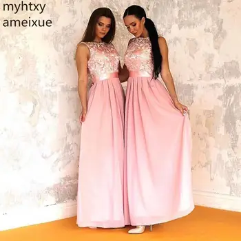 

2020 Blush Pink Plus Size Prom Dresses Jewel Neck Venica Lace Top Chiffon Skirt Long Country Maid Of Honor Wedding Formal Party