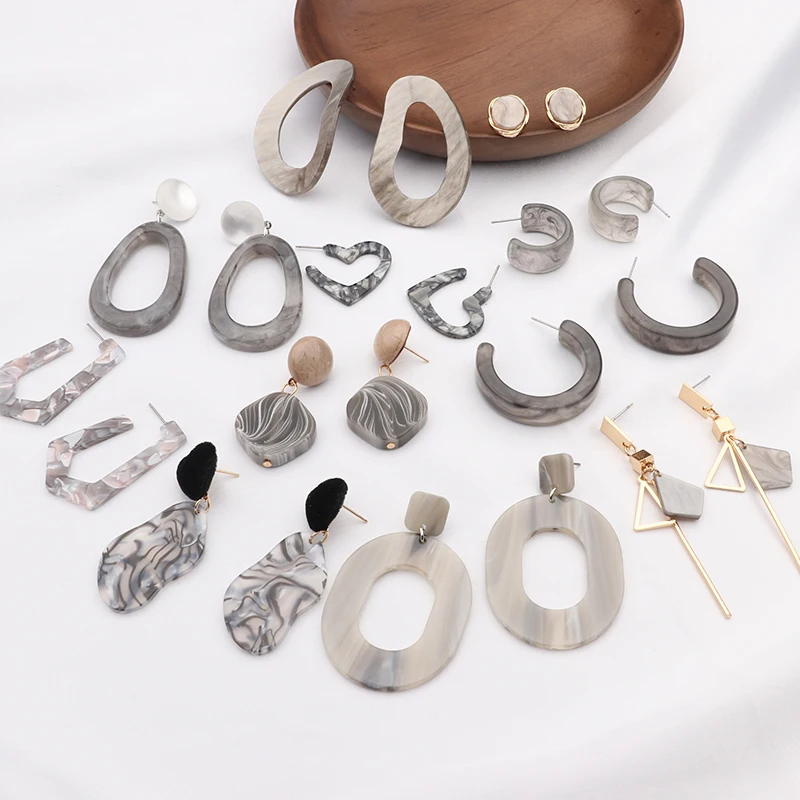MENGJIQIAO 2019 New Irregular Geometric Round Grey Acrylic Statement Long Drop Earrings Acetic Acid Resin Earrings for Women