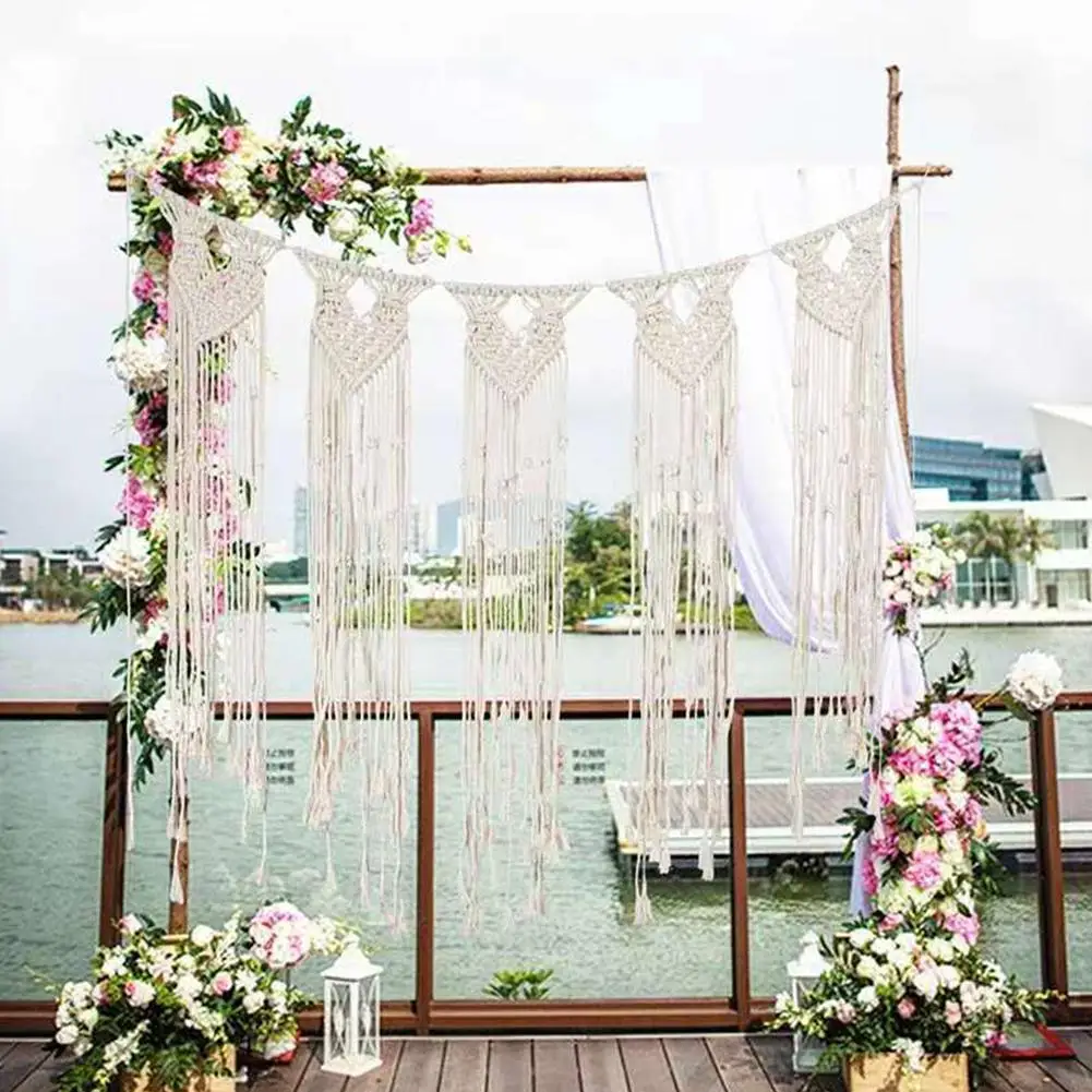 

DIY Bohemian Rustic Wedding Macrame Curtains Wall Photo Backdrop Handmade Cotton Summer Wedding Engagement Party Decoration