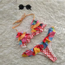 Womens Swim Wear Sexy Halter Neck Sleeveless Lace Up Two Piece Bikini Set Floral Ruffle Bikini Set Swimming Suit Ladies Swimwear alluring floral halter neck bikini set for women