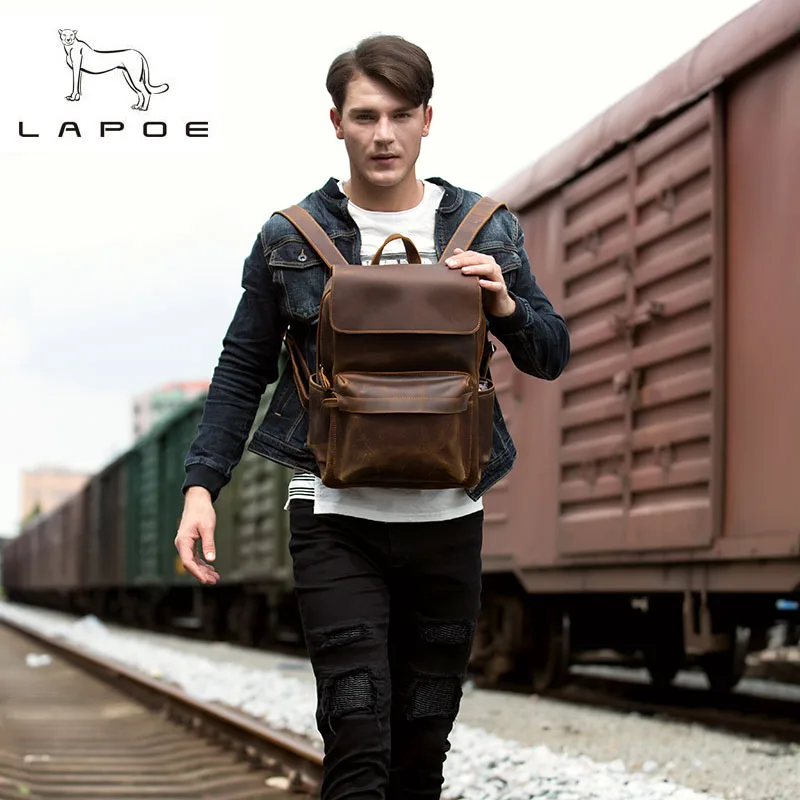 Mochila de cuero de Caballo Loco genuino de LAPOE mochila de hombre de la vendimia mochila de viaje de la escuela mochila de hombre moda Mochila de cuero de Caballo Loco genuino de LAPOE mochila de hombre de la vendimia mochila de viaje de la escuela mochila de hombre moda
