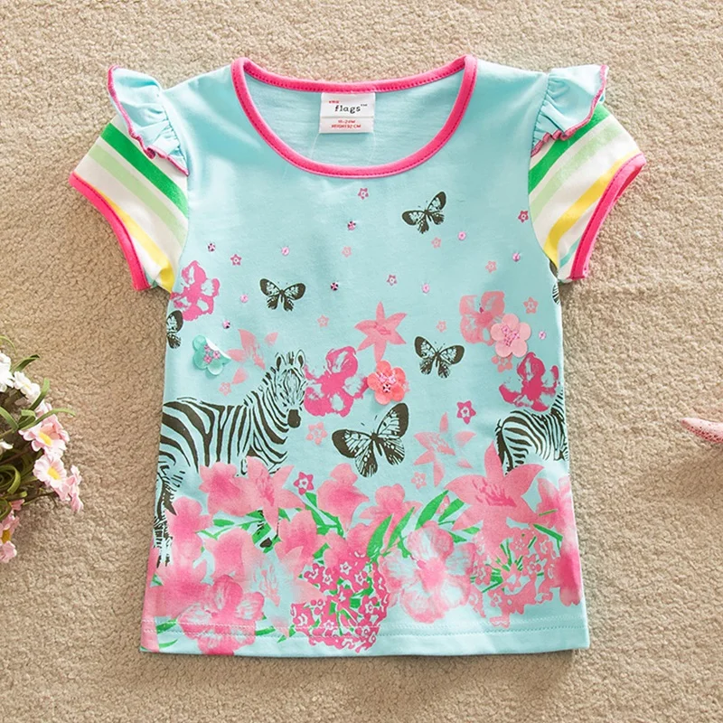 Детская футболка с цветочным рисунком; футболка для маленьких девочек; топы с цветочным рисунком и бабочками; летняя одежда; милые детские футболки с короткими рукавами для девочек