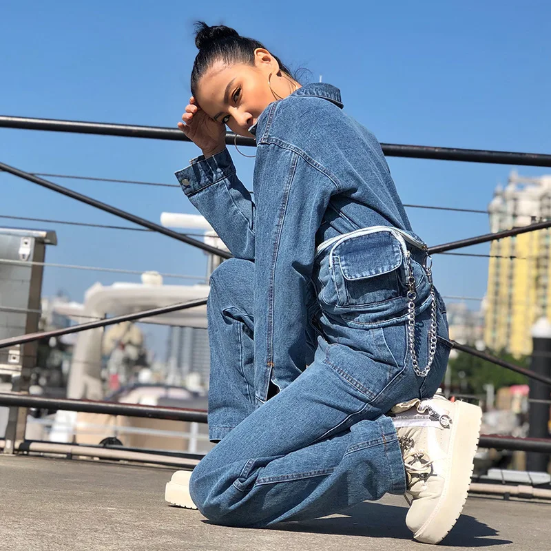 Fall Denim Jumpsuits Women Lapel Long Sleeve High Waist Wide Waistband Women's Romper Safari Style Jumpsuit with Waist Bags - Цвет: Синий