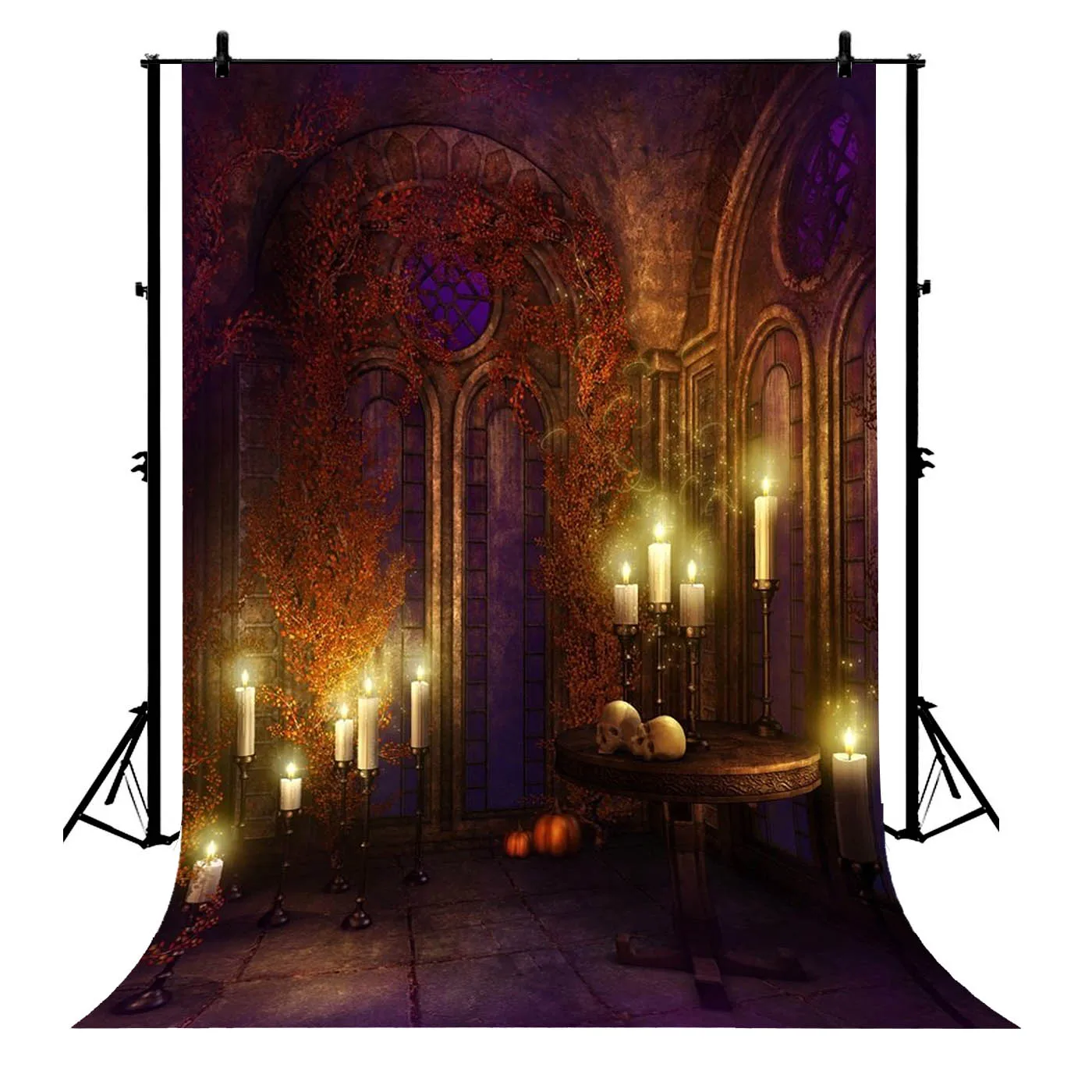

5x7ft Vintage Gothic Room Scary Skull Candles Vines Polyester Photo Background Portrait Backdrop