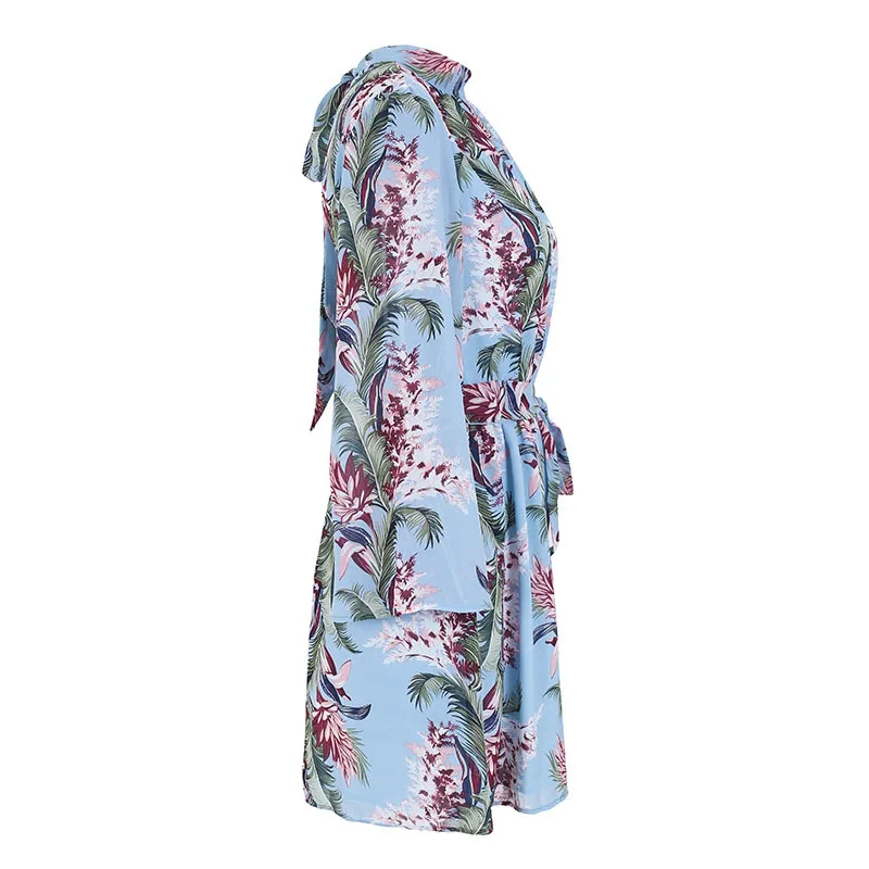 BONGOR LUSS Women Summer Dress Sexy Back Deep V-Neck Flare Sleeves Casual Mini Dresses Floral Print Dress With Sashes Bowtie (9)