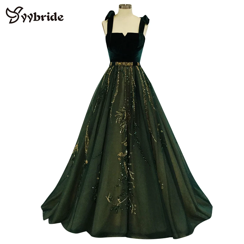 

Boat-Neck Dark Green Velour Long Evening Dresses vestidos de fiesta largos elegantes de gala A-line Spaghetti Strap Prom Dresses