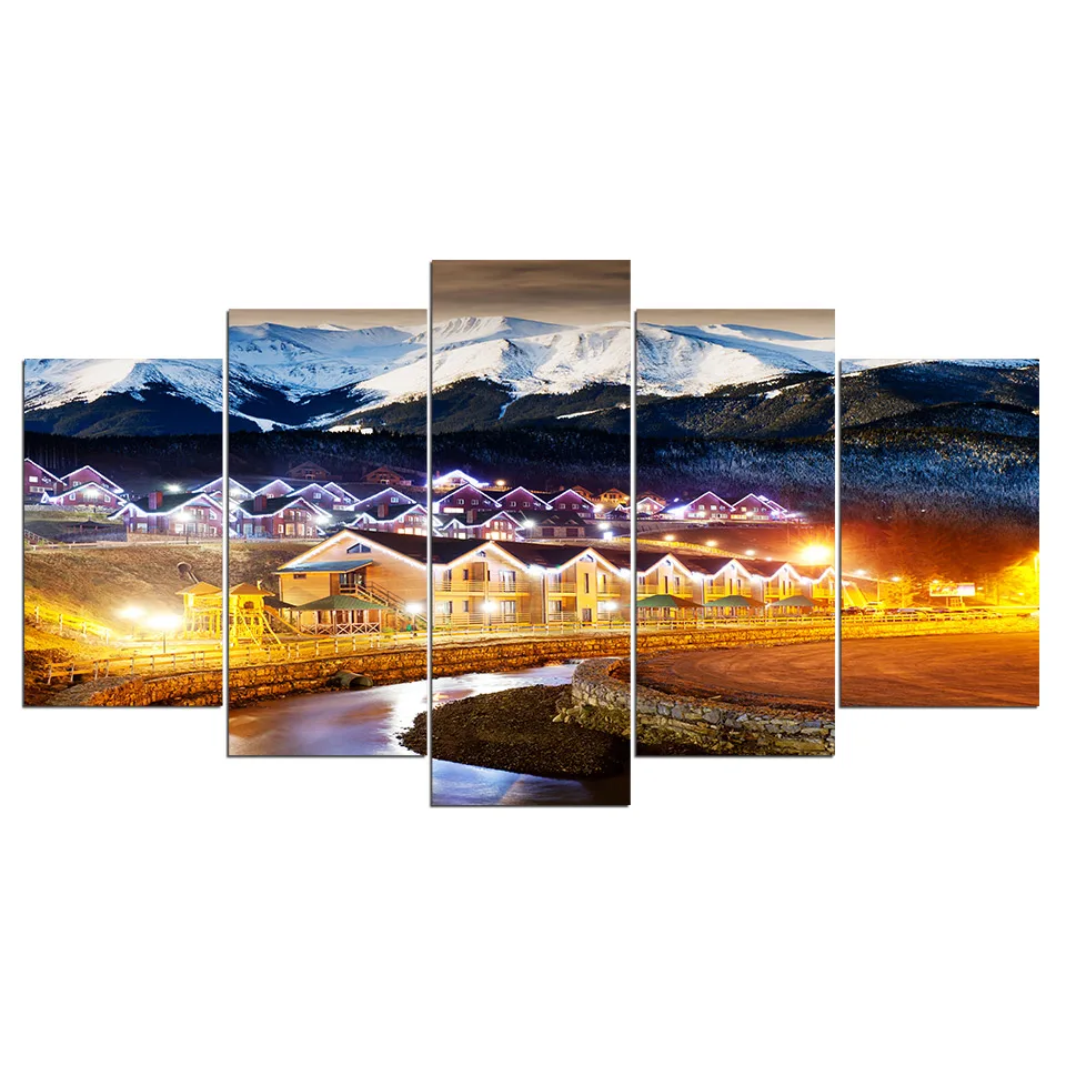 Decor Canvas Art Large Printed Modular Pictures 5 Panel Christmas Night Light Scene Painting For Living Room Wall Decor Poster
