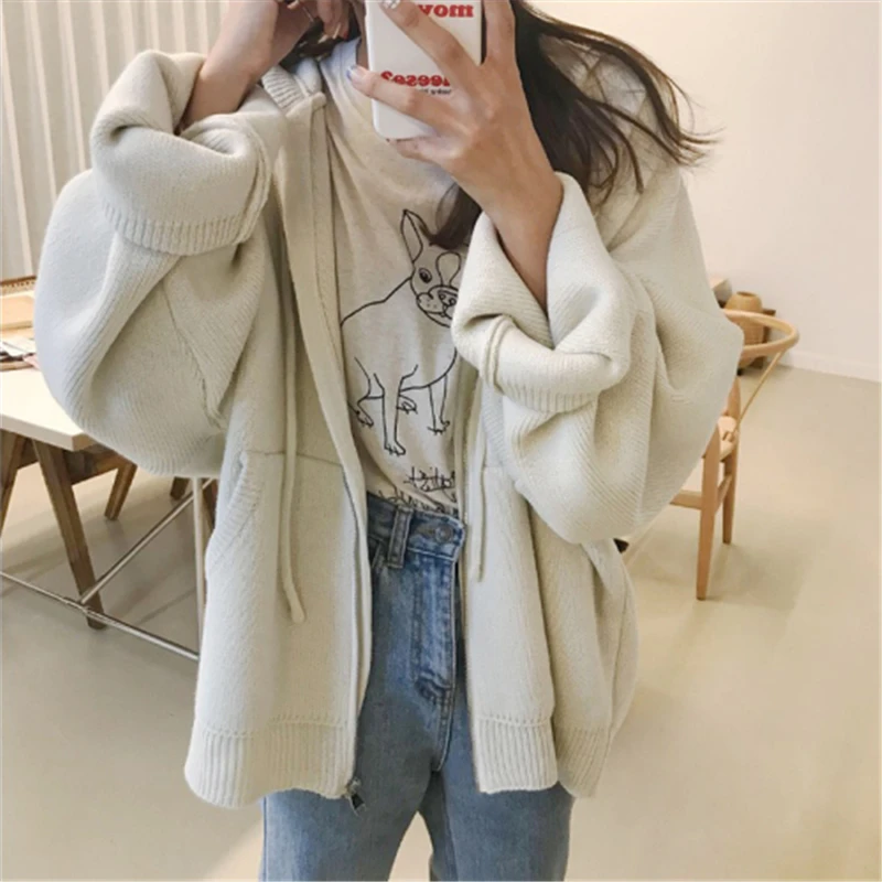 Cena HziriP jesienno zimowa damska z dzianiny z kapturem trwały płaszcz kurtka luźna płaszcz ocieplany kobieta płaszcz na co dzień ciepłe kurtki 4 kolory