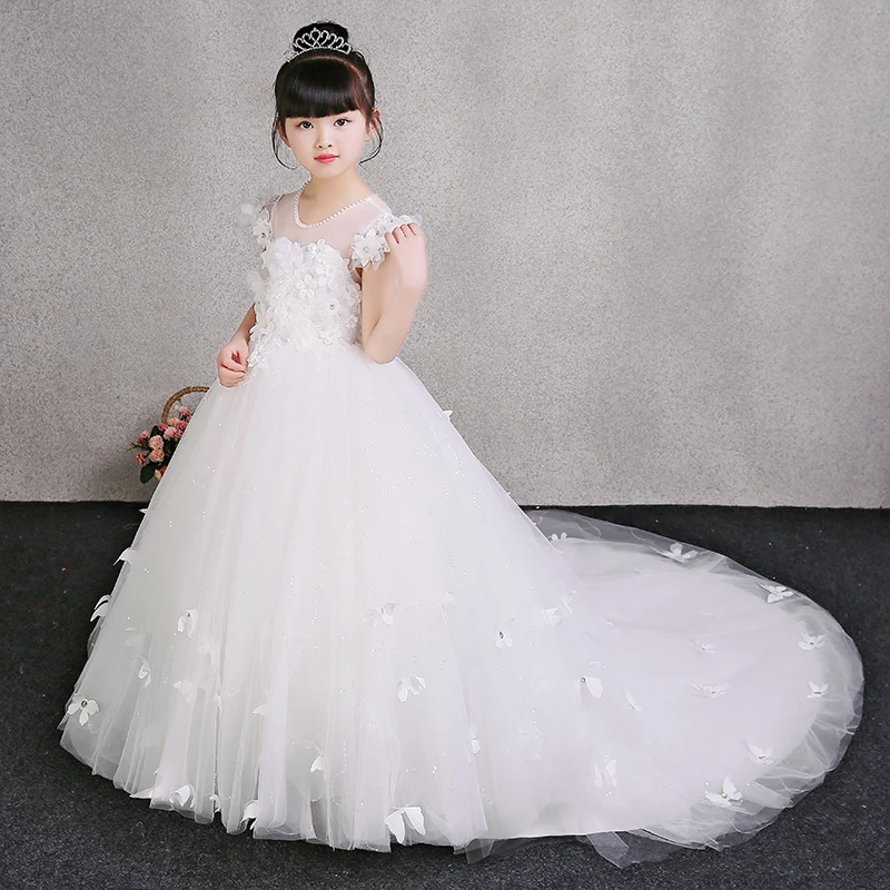 Aliexpress Luxury Exquisite Children S White Birthday Luxury Exquisite Children S White Birthday Wedding Evening Party Long Princess Flowers Lace Tail Dress Kids Babies