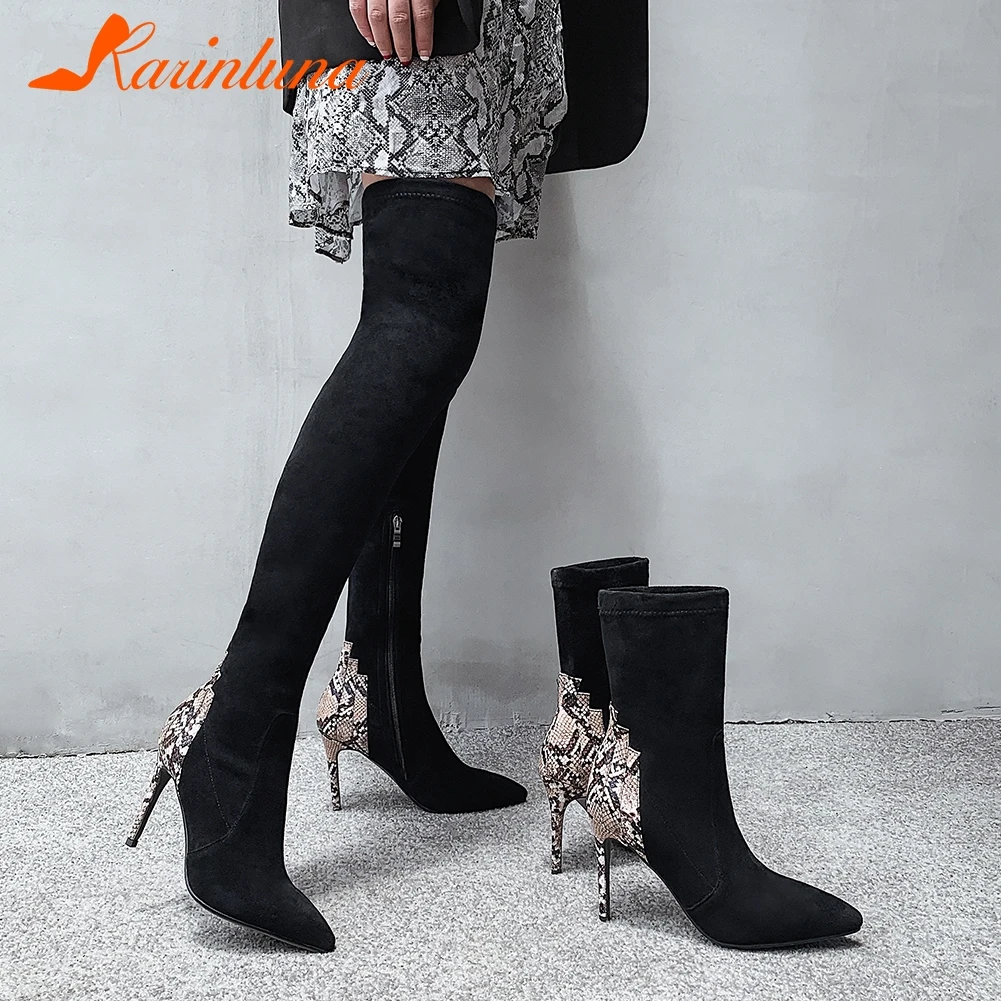 

KARINLUNA Stretch Genuine Leather Flock Sexy Thin High Heels Ankle Boots Or Over The Knee Boots Women Shoes Woman