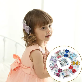 

2018 new girl Fashion double layer Glitter Leather Hair Clip Trendy kids Leather Bow Knot Hairpins Faux Bow Hair Clips 10ps/lot