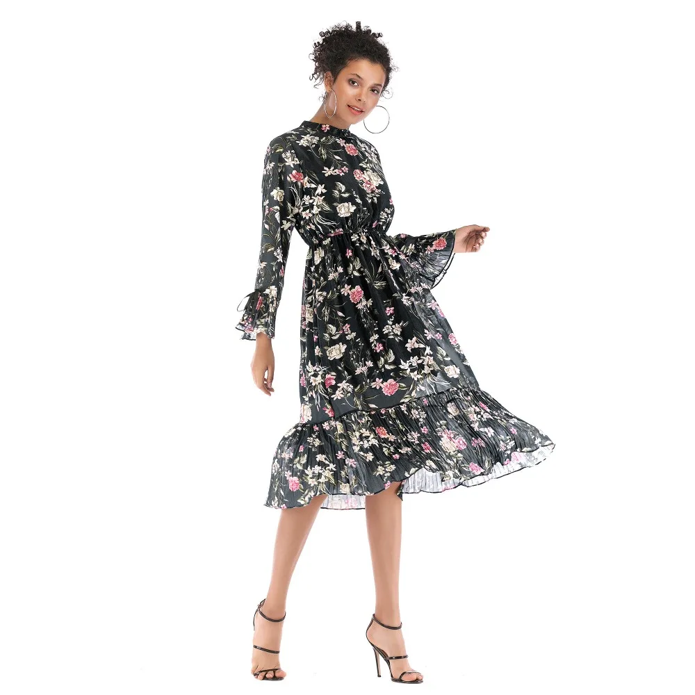 New Spring O-neck A-line Lace Hem Long Sleeve Solid Elegant Lace Dress Women Fashion Dress Party Vestidos
