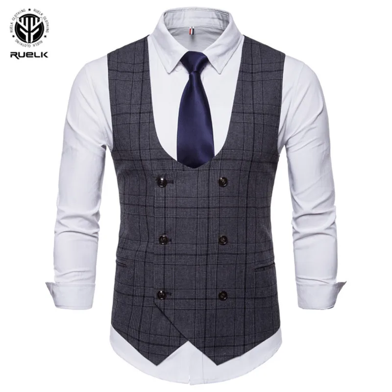 

Men Plaid Suit Vest 2019 Classic Formal Business Double Breasted Slim Waistcoat Gilet Social Blazer Wedding Groom Vest Men 4XL