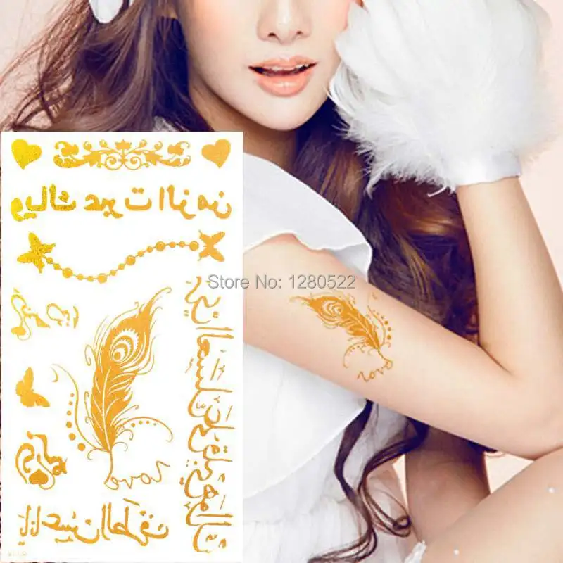 

3sheets Temporary Gold Arabic Tattoo Dancing Feather Glitter Tatoob Tatuagem