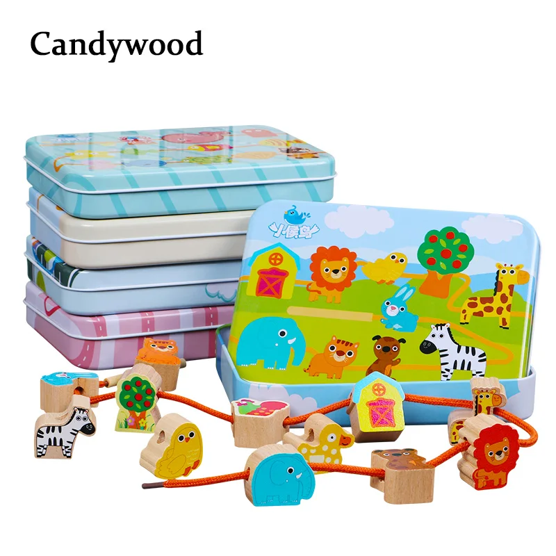 Beech Wood Blocks Cartoon Animals Fruit Block Wooden Toys Stringing Threading Beads Game Educational Toy for Baby Kids Children