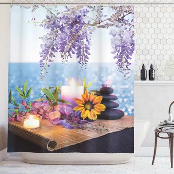 

Massage Stones with Daisy and Wisteria with the Seabed Foliage Meditation Picture Polyester Fabric Bathroom Shower Curtain