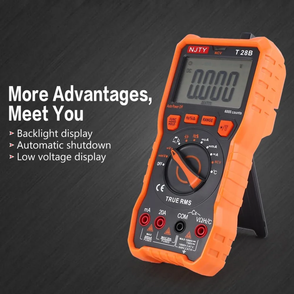 

NJTY T28A Digital Multimeter DC/AC Voltage Current Meter Mini Ammeter Ohm Diode NCV Tester 6000Counts Multitester True RMS