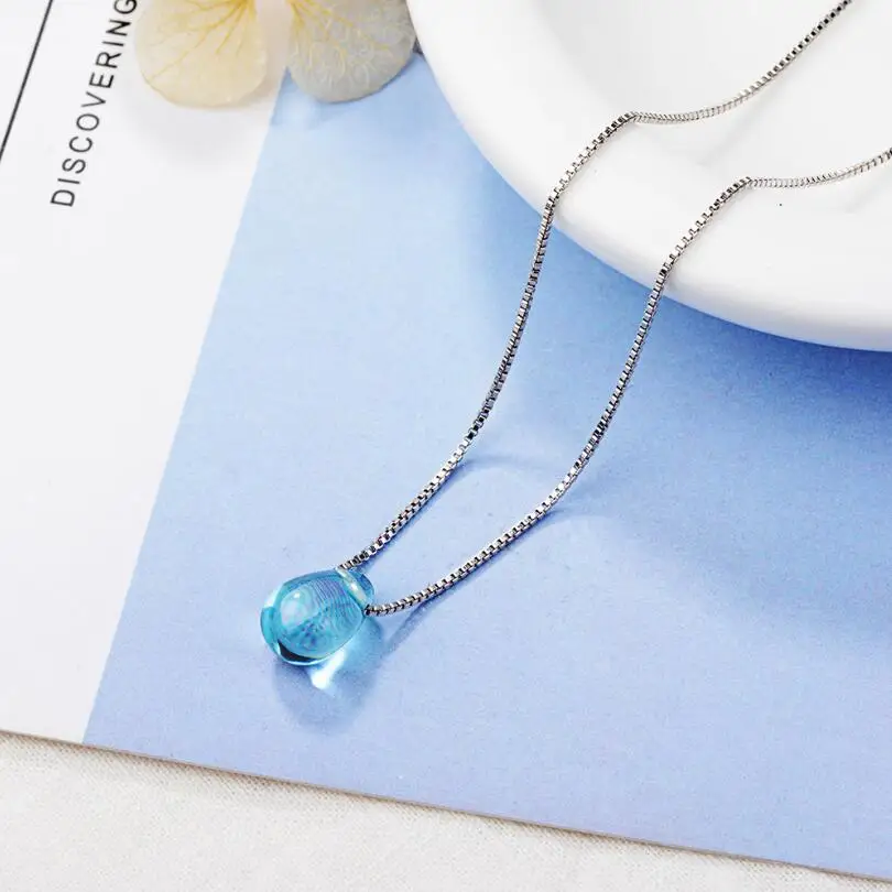 Литературный синий кристалл капли воды кулон ожерелья для женщин короткая цепочка на ключицы чокер 925 пробы серебряные ювелирные изделия для девочек SAN39