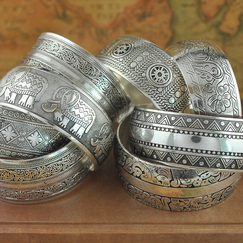 

Vintage Cuff Bracelet Tibetan Silver Carved Flower Geometric Animal Opening Bangle Adjustable Indian Jewelry Women Gifts