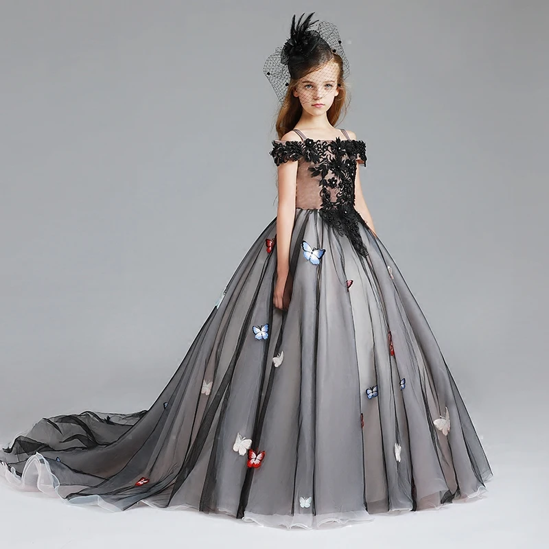 

2019 black Vintage Arabic Princess Flower Girl Dresses for Wedding Ball Gown 3D Floral Flowers Lace Girl Communion Dress long