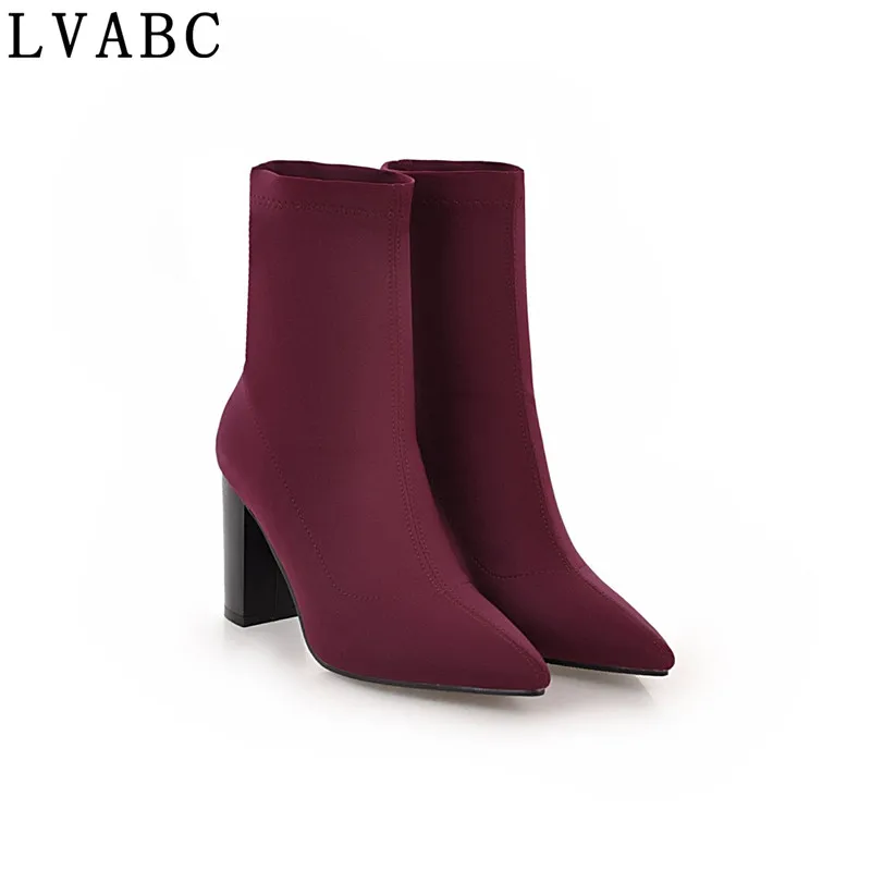 

LVABC Fashion Ankle Elastic Sock Boots Chunky High Heels Stretch Women Autumn Sexy Booties Pointed Toe Women Pump Size 40 43