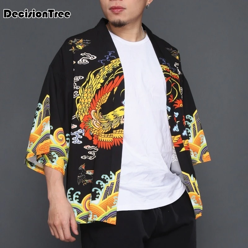 

2019 summer men casual hiphop male Chinese Emperor Style cardigan kimono loose coat dragon print hiphop kimono linen overcoat