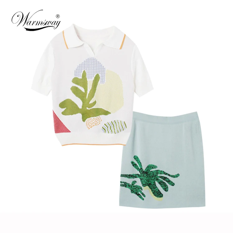 Sumner Autumn Womens Contrast color Two Piece Sets Jacquard Sweater High Waist Green Skirt Short sleeve Casual Skirt Sets  C-160