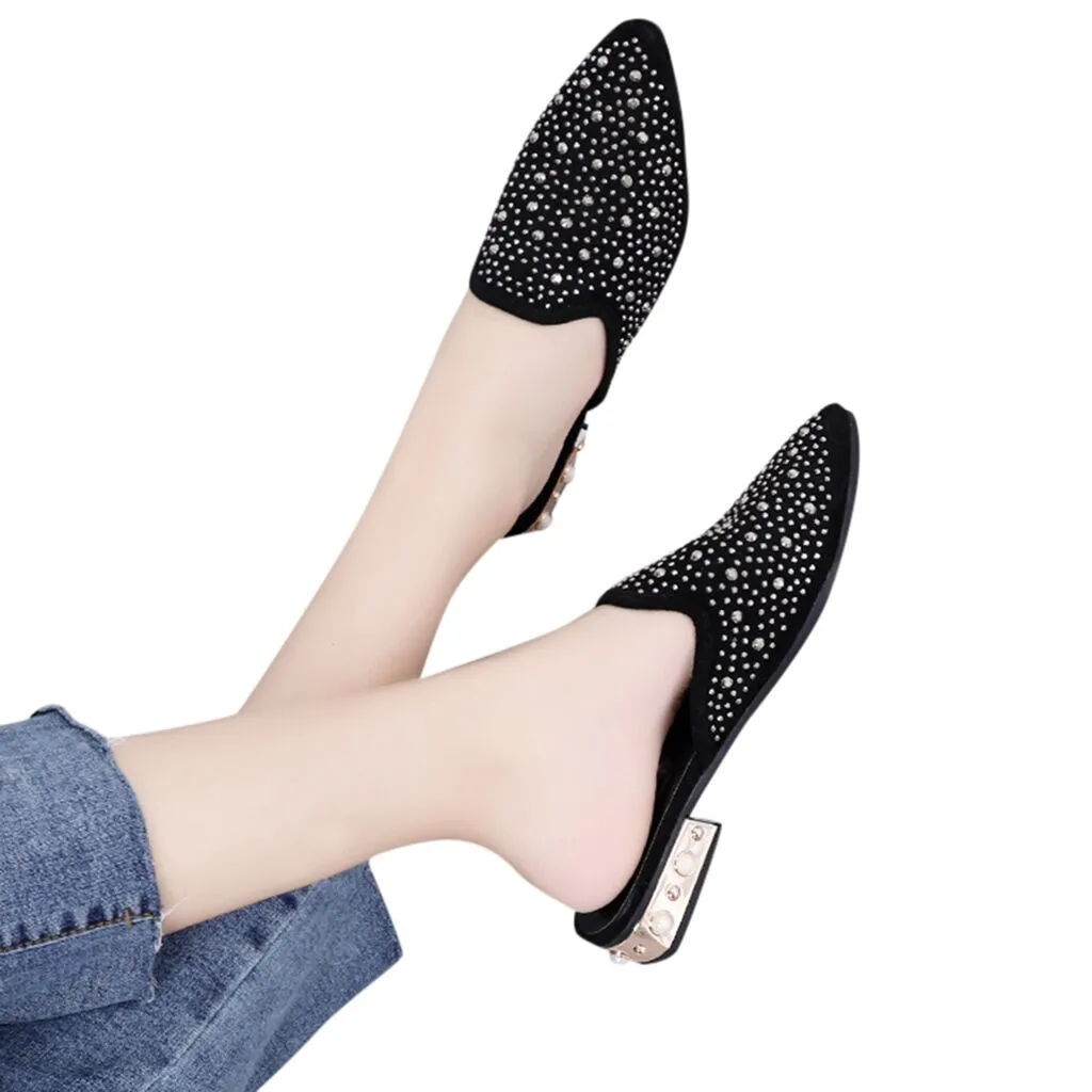 

2019 Women Slippers Crystal Sequined Cloth Women Sandals Pointed Toe Square Heel Bling Loafers Mules Summer Ladies Shoes jan18